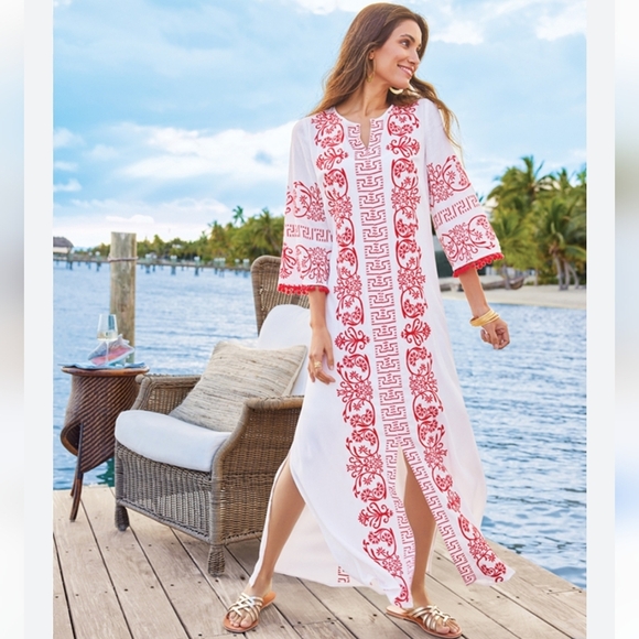 Soft Surroundings Embroidered Kaftan Dress Red White Size Med  Gauzy Resortwear - Picture 1 of 7